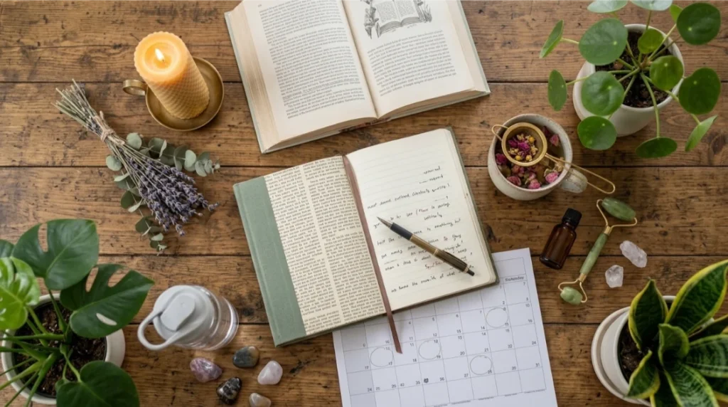 Simple self-care essentials beside a cup of tea and journal