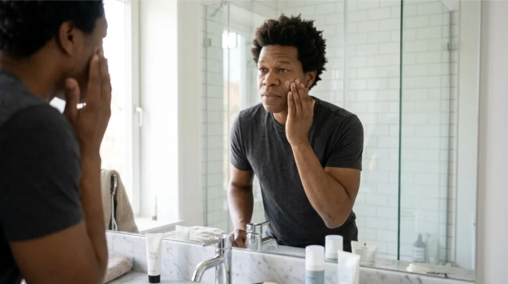 Man following a simple skincare routine in a modern bathroom