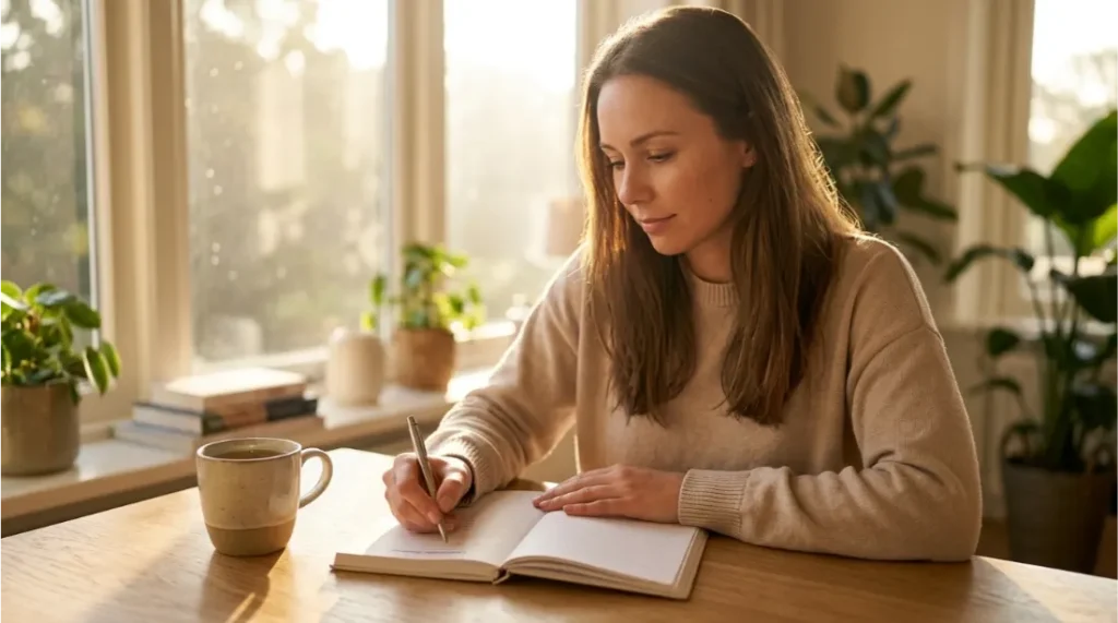 Person journaling peacefully to improve mental and emotional well-being
