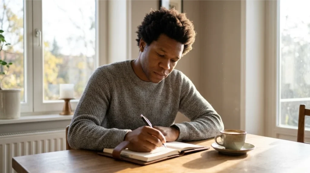 Man writing in a journal to improve mental well-being