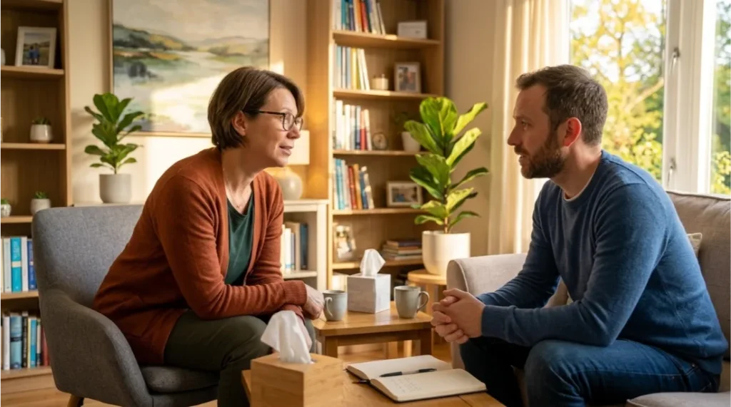 Therapist listening compassionately to a client during a counseling session
