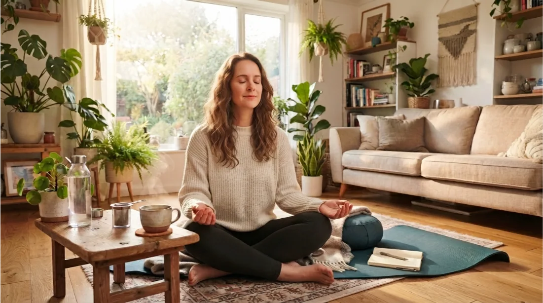 Woman practicing mindfulness to improve mental wellness at home
