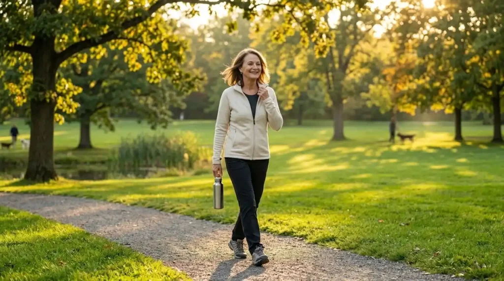 Happy person enjoying a peaceful mentally healthy lifestyle outdoors