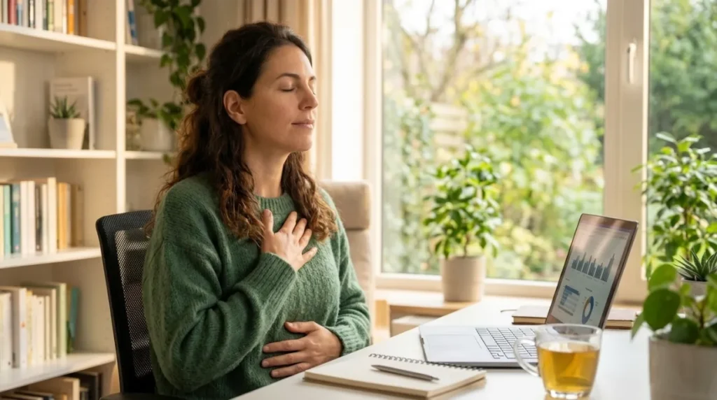 Woman taking a mindful breathing break during work