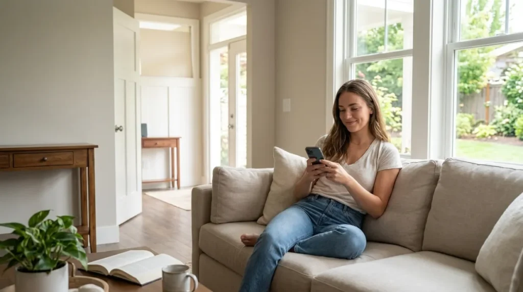 Woman thoughtfully using social media with a calm and balanced mindset