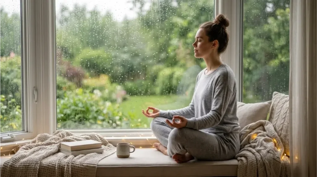 Woman sitting quietly by a window practicing mindfulness
