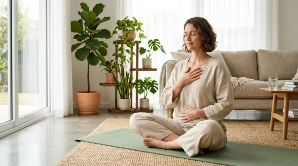 Person practicing mindful breathing meditation at home