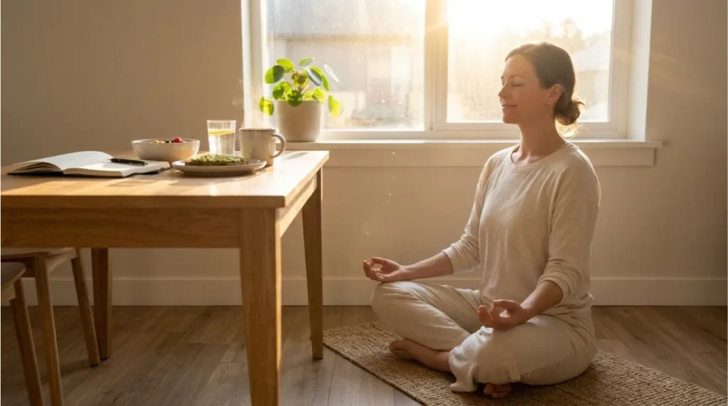 Person practicing deep breathing meditation to reduce stress