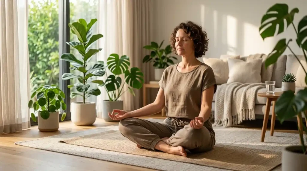Person practicing meditation and deep breathing at home