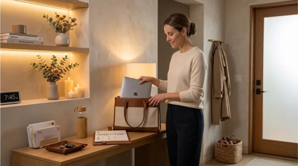 Woman smiling confidently while preparing for the new week