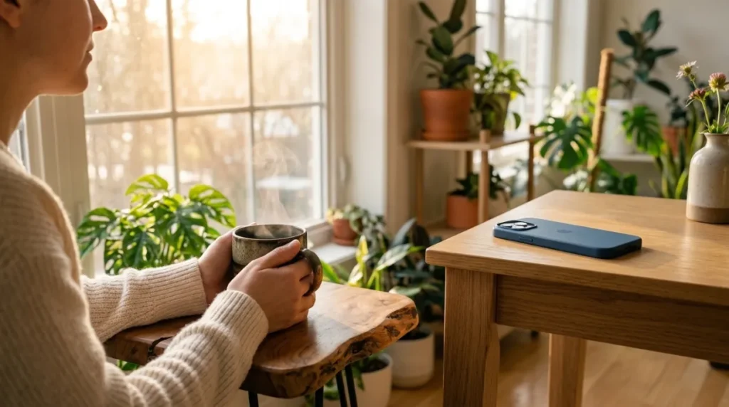 Person enjoying a phone-free morning with coffee and sunlight