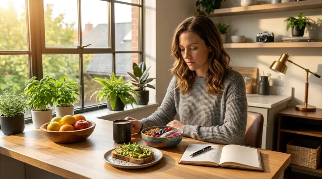 Healthy morning routine with journaling breakfast and sunlight