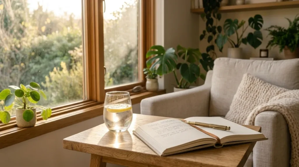Morning scene—glass of water, sunlight, journal
