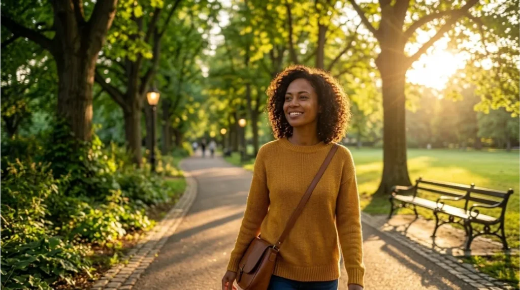 Woman walking peacefully in a green park for mental wellness