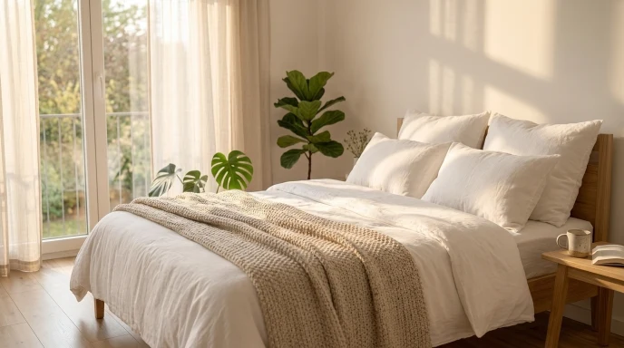 Neatly made bed with morning sunlight streaming in