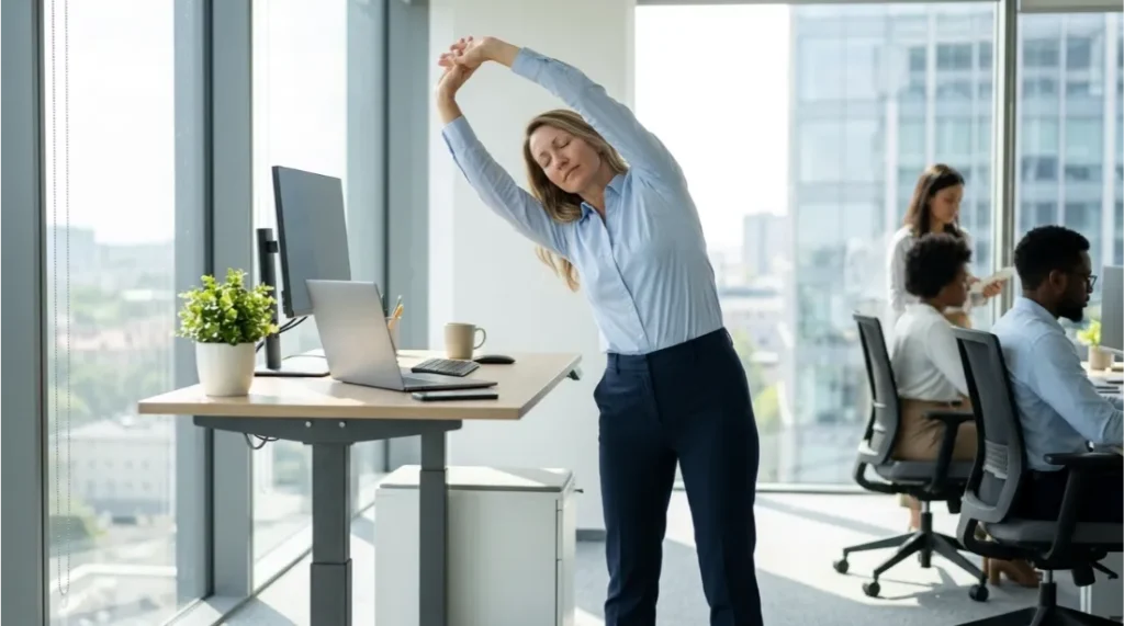 Office worker stretching during a short work break