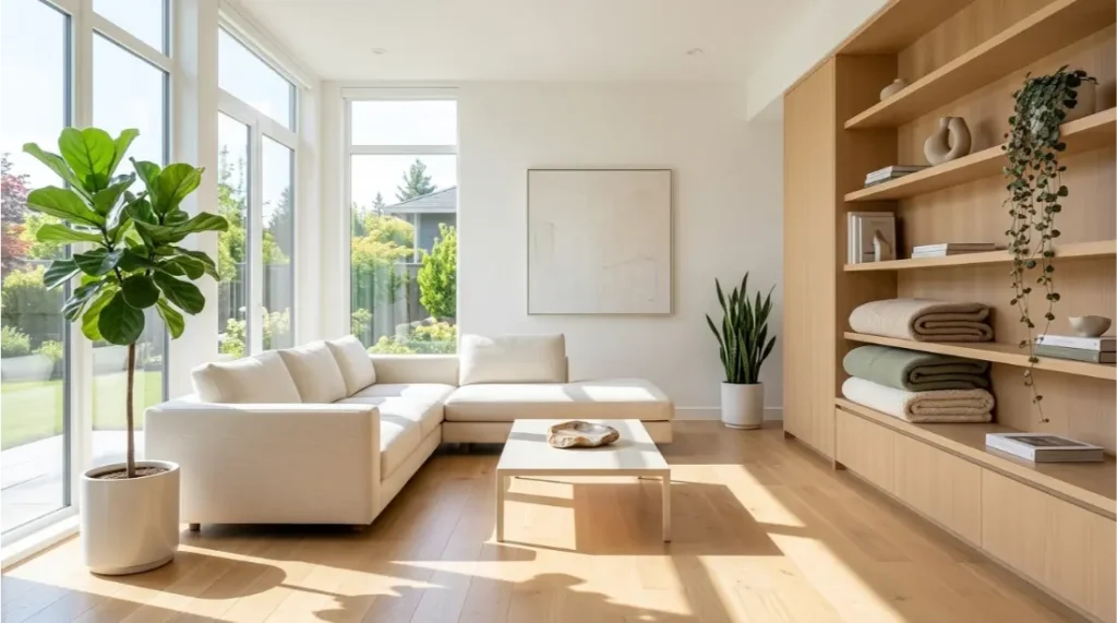 Clean organized living room promoting mental wellness