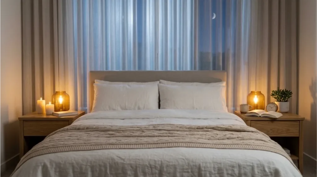 Peaceful bedroom with dim lighting and comfortable bedding
