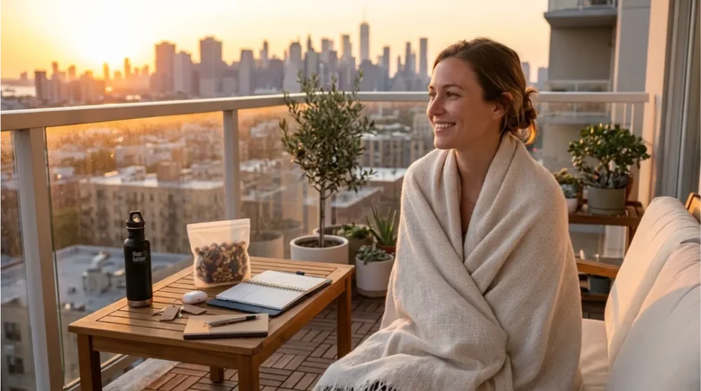 woman enjoying a peaceful evening after work on her balcony