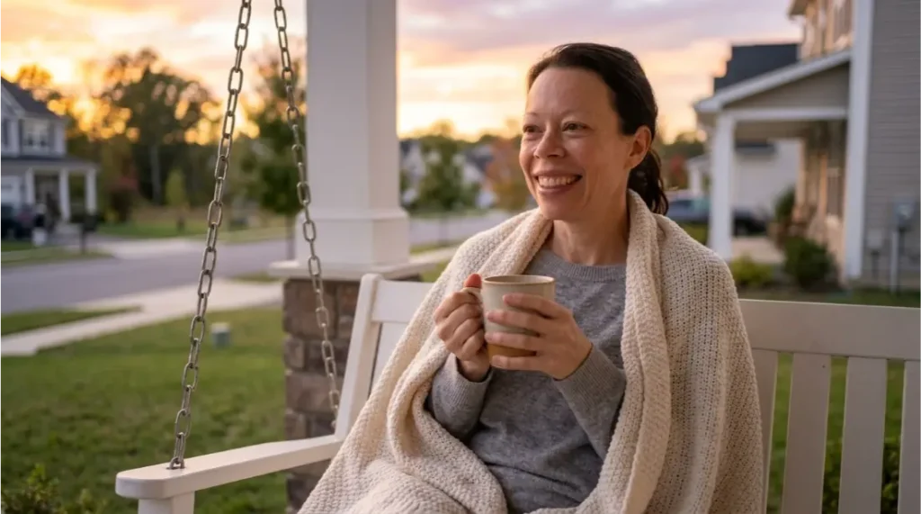 woman relaxing on her porch with herbal tea at sunset