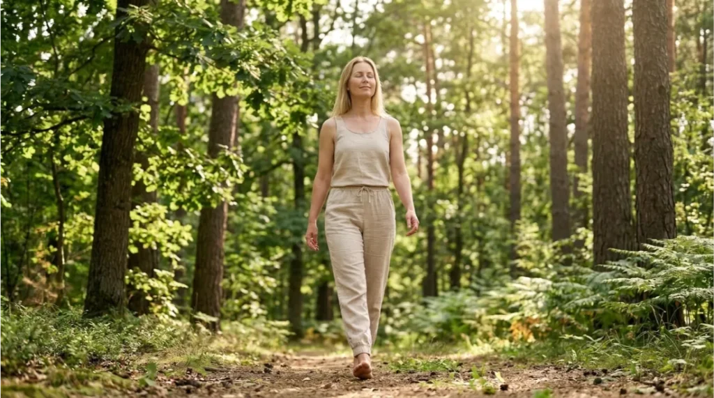 Person enjoying a peaceful walk in nature for mental wellness