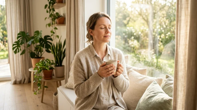 Person looking calm and relaxed, practicing self-care