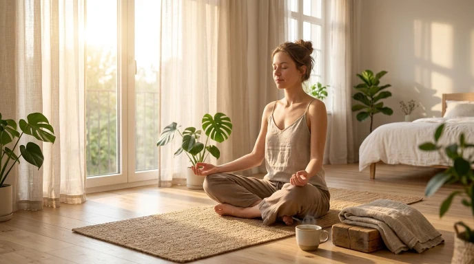 Person meditating peacefully in the morning