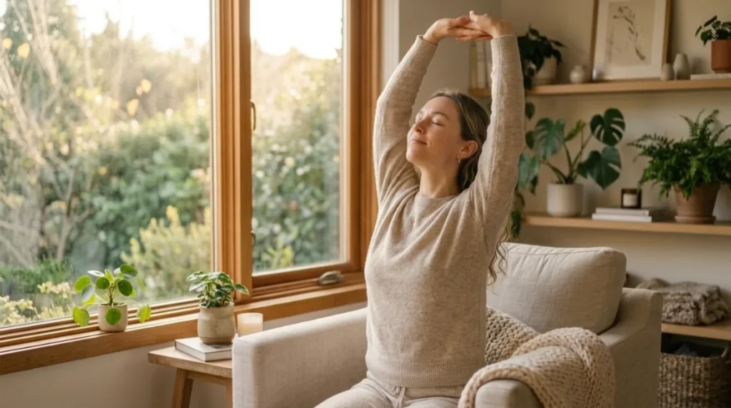Person taking deep breaths or stretching