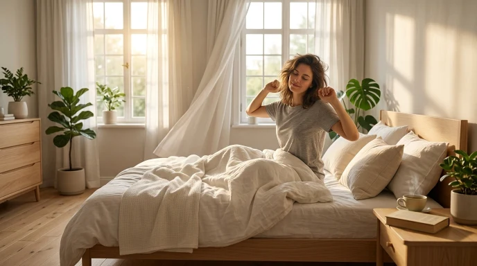 Person waking up peacefully with sunlight streaming through window