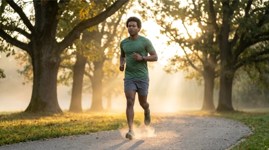 Man exercising outdoors as part of his self-care routine