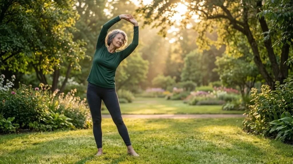 Woman stretching outdoors as part of her physical self-care routine