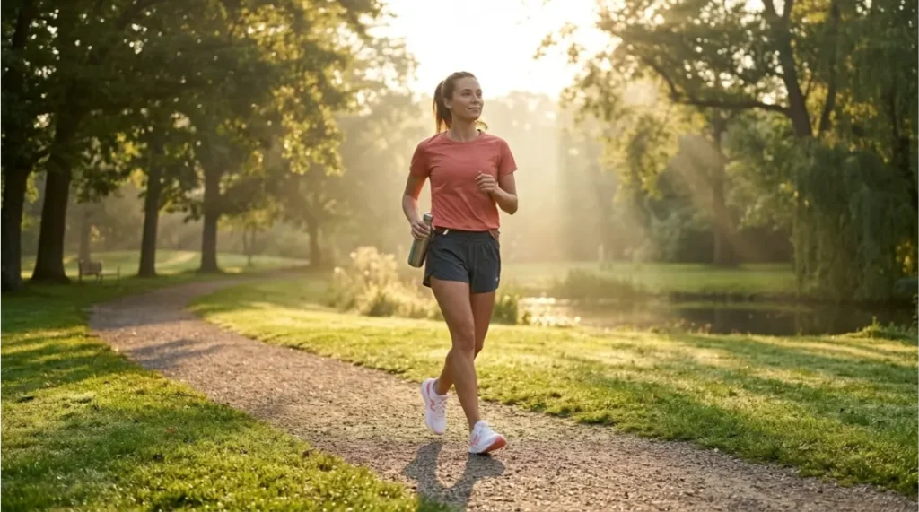 Woman exercising outdoors as part of a healthy self-care routine