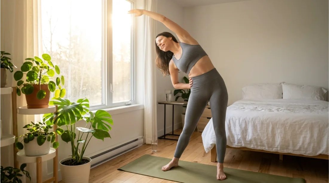 Woman practicing physical self-care with stretching and healthy morning routin