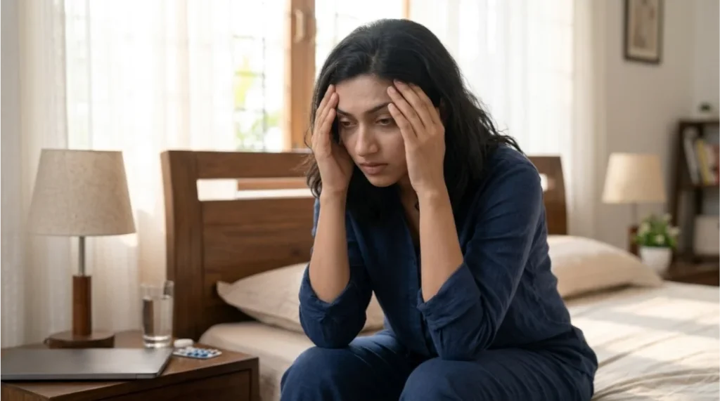 Person experiencing headache and physical fatigue caused by chronic stress
