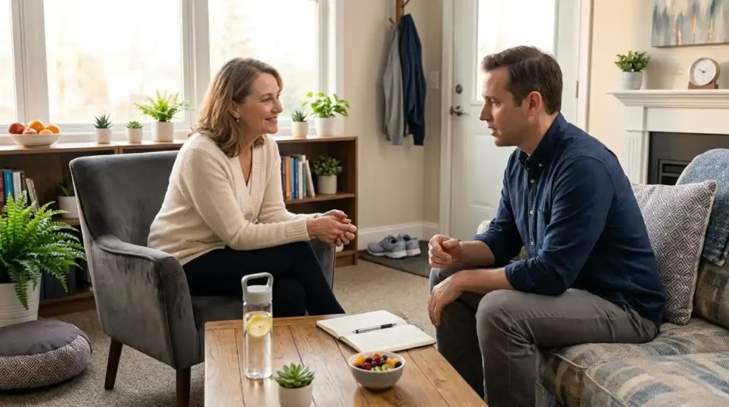 Therapist supporting a client during a counseling session