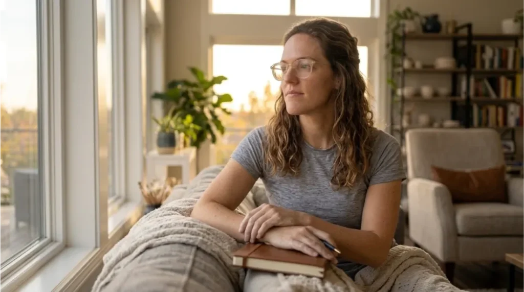 woman quietly reflecting by a window after work