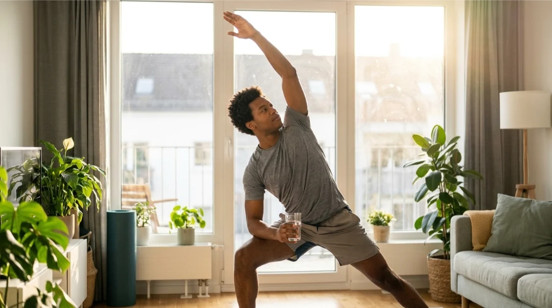 Man practicing a healthy self-care morning routine at home
