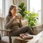 Woman enjoying a peaceful self-care morning routine at home