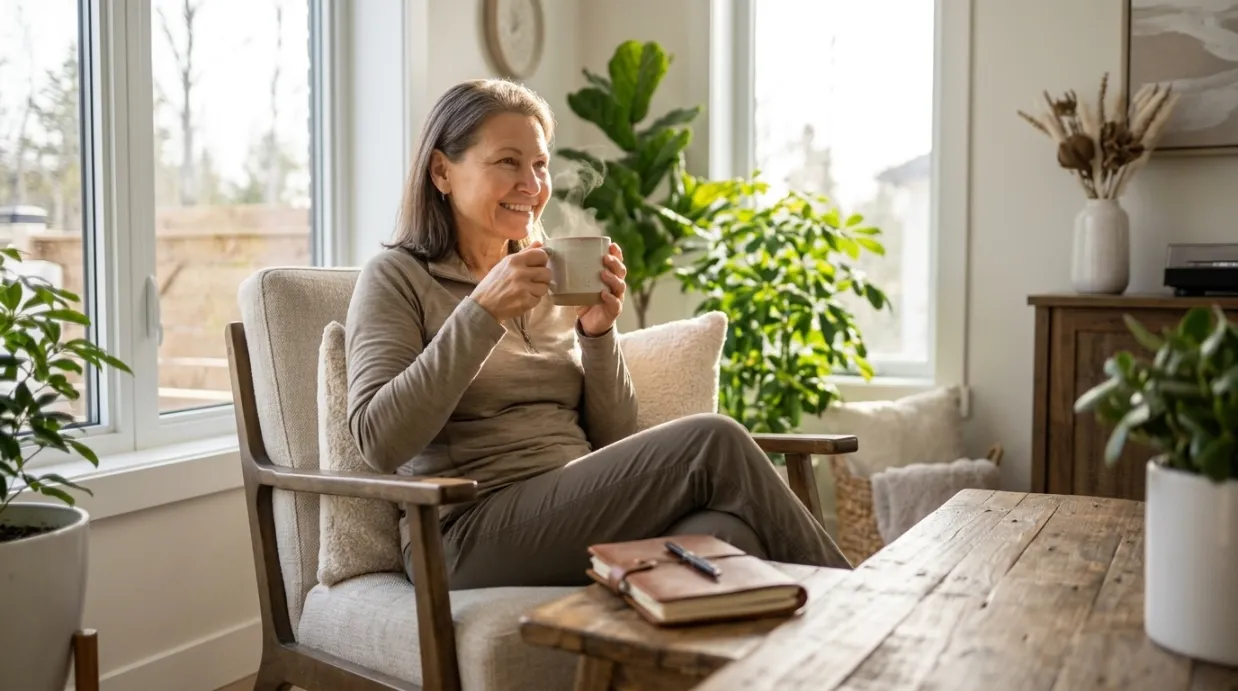 Woman enjoying a peaceful self-care morning routine at home