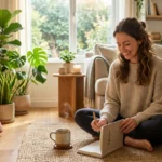 Woman practicing a balanced self-care routine at home