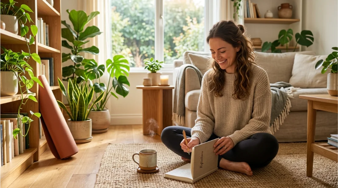 Woman practicing a balanced self-care routine at home