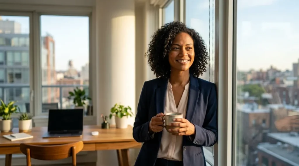 Happy professional enjoying a balanced healthy lifestyle through self-care