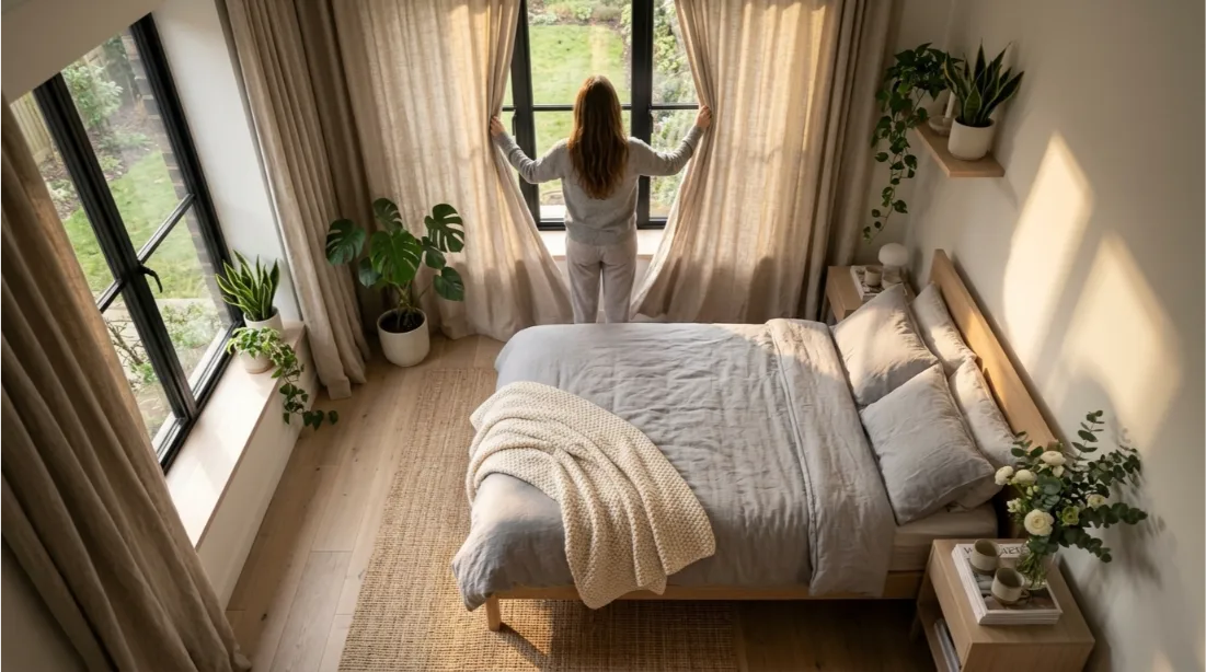 Woman enjoying a peaceful Sunday reset routine at sunrise