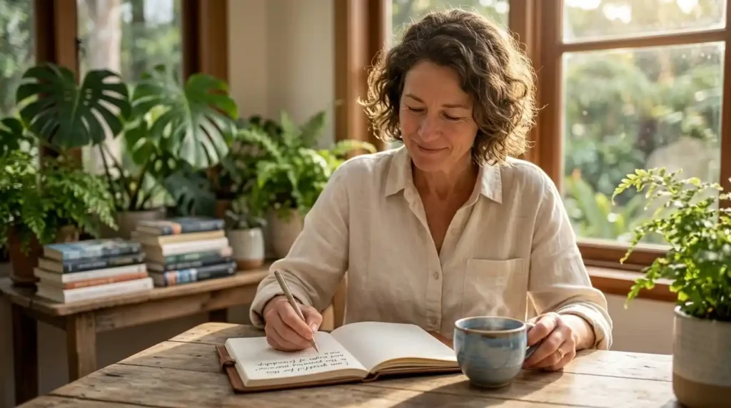 Woman writing positive affirmations in her journal