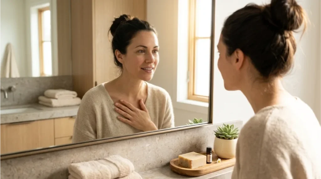 Woman smiling at herself in a mirror practicing self-compassion