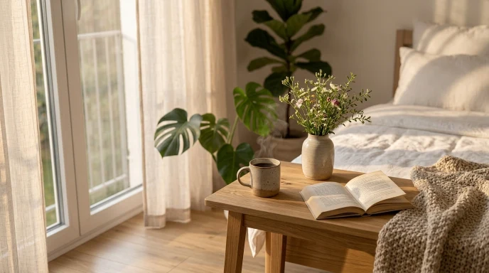Serene morning scene with coffee and natural light