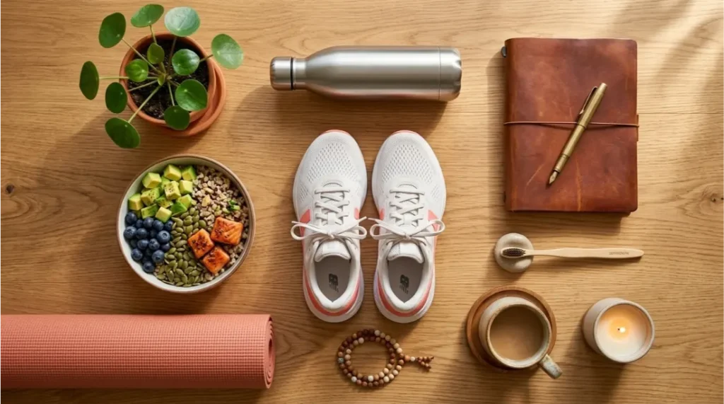 Healthy lifestyle items representing the seven pillars of self-care