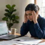 Overwhelmed professional showing common signs of mental burnout while working at a desk