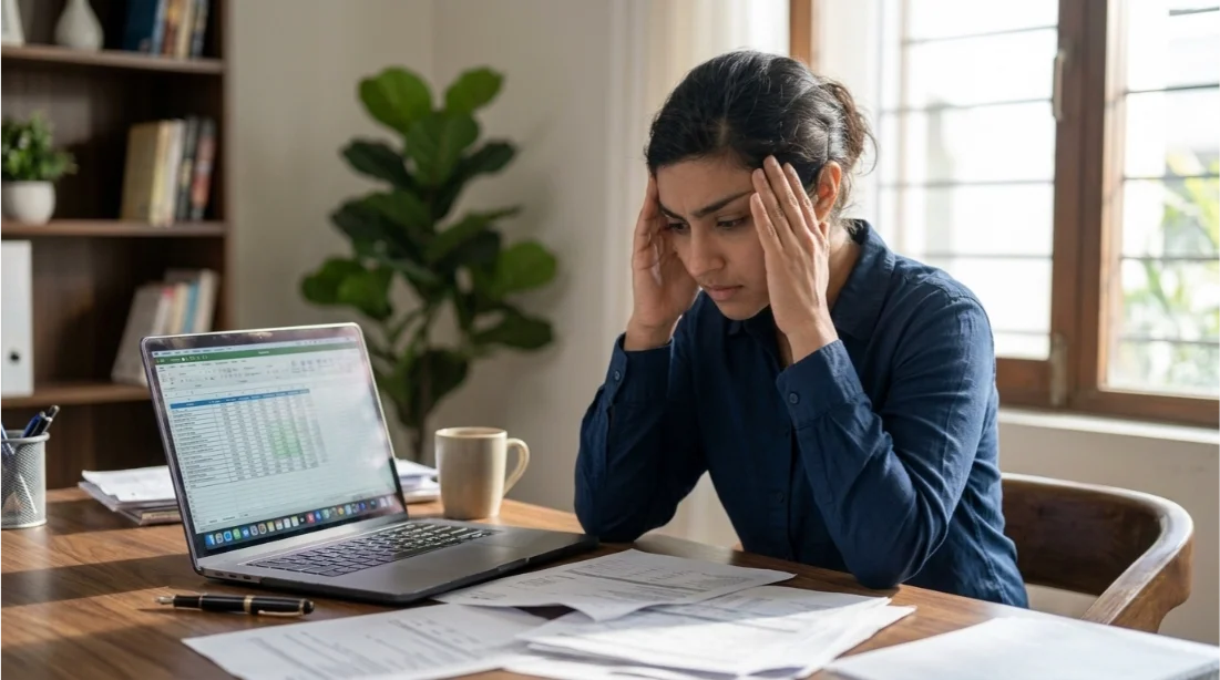 Overwhelmed professional showing common signs of mental burnout while working at a desk