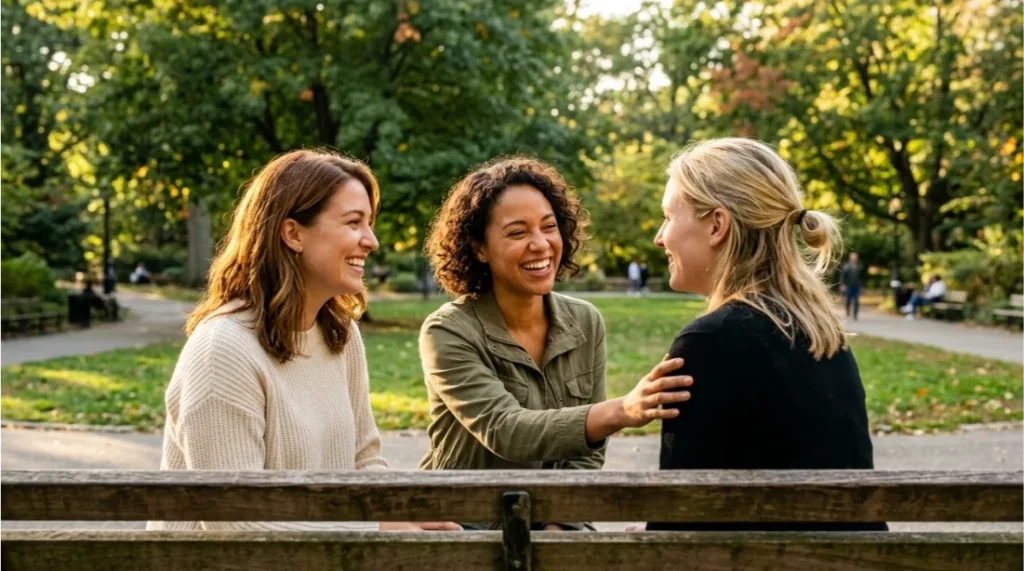 Friends enjoying meaningful conversation and emotional support outdoors
